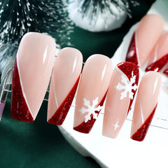 10pcs Christmas Ballet Coffin Handmade Press on Fake Nails Long Red with French White Snowflake Nail Tips Holiday Design