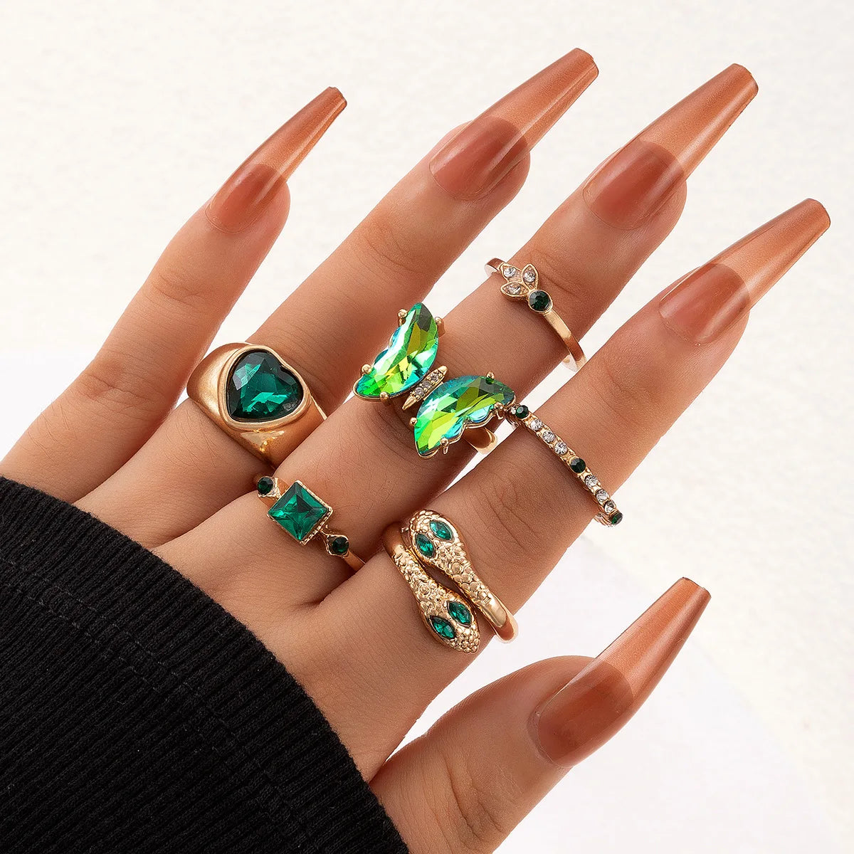 Aveuri-Christmas Gift New Year's Eve Gift Colorful Crystal Snake Shape Ring Set For Women Fashion Butterfly Heart Gold Color Geometric Rings Female Wedding Finger Jewelry