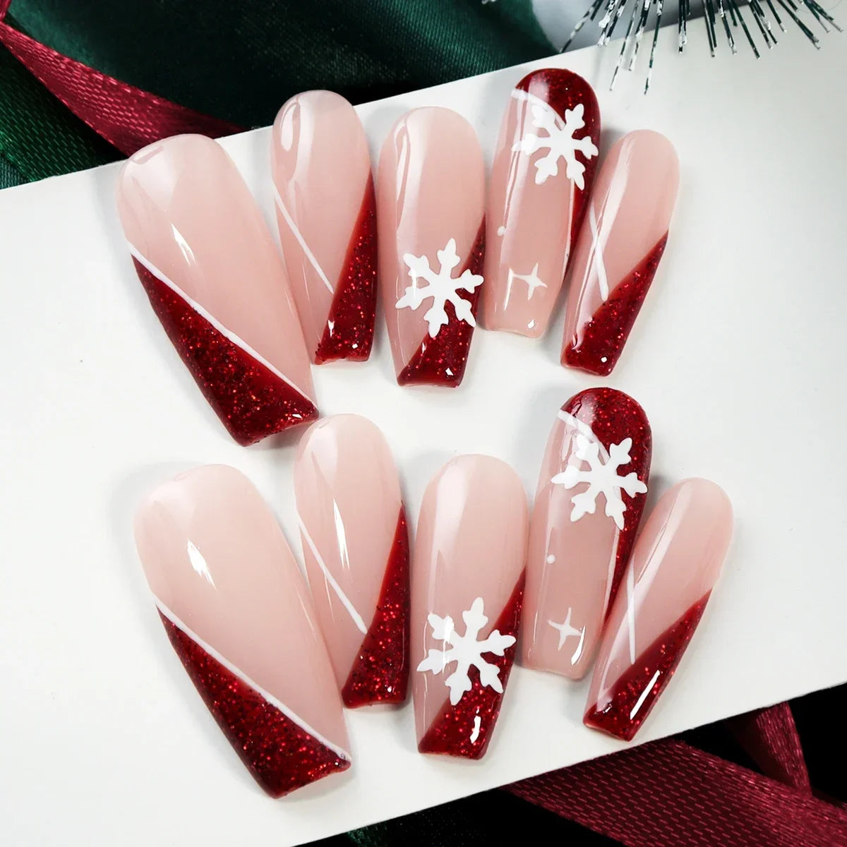 10pcs Christmas Ballet Coffin Handmade Press on Fake Nails Long Red with French White Snowflake Nail Tips Holiday Design