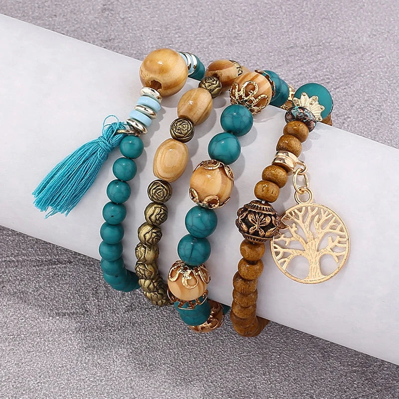 Aveuri-Christmas Gift New Year's Eve Gift Boho Tree Of Life Bracelet Set For Women Fashion Tassels Charm Wooden Beads Elastic Chain Bangle Girl Trendy Party Jewelry