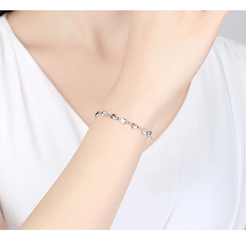 Aveuri Noble 925 Sterling Silver Zircon Heart Shaped Bracelets crystals  For Women Valentines Gift Wedding party cute Jewelry