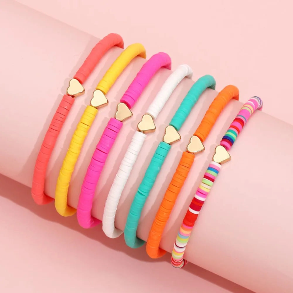 Aveuri-Christmas Gift New Year's Eve Gift Fashion Rainbow Stackable Bracelets Set For Women Heart Charm Soft Clay Pottery Layering Beads Chain Bangle Female Boho Jewelry