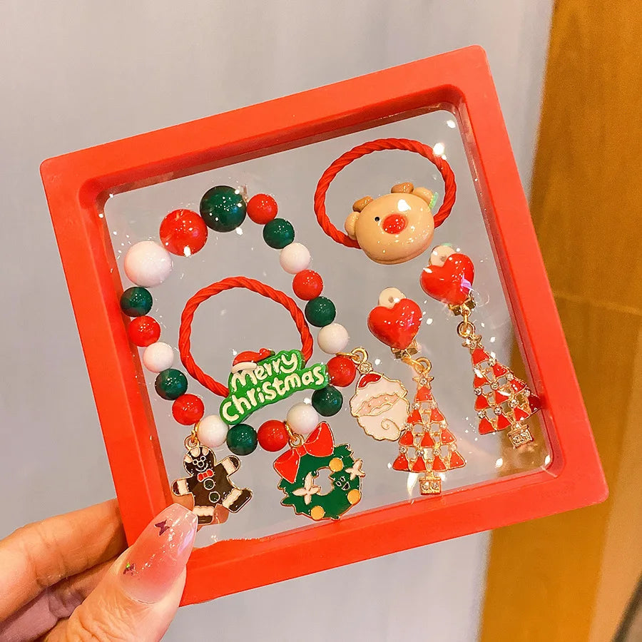 Aveuri-Christmas Gift idea 5 Pcs Kids Bracelet Ring Earring Set Santa Elk Girls Gift Holiday Party Ring Ear Clip Childrens Jewelry