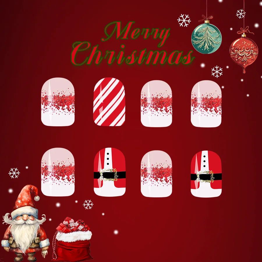 24Pcs Short Shiny Square Press on Nails Christmas Red Glitter Santa with Stripe Design Full Cover Fake Nail Tips for Women&girls