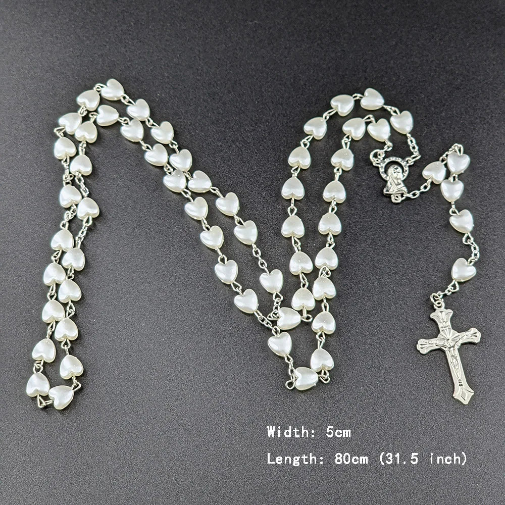 Aveuri-Christmas Gift New Year's Eve Gift White Heart Rosary Necklace For Women Virgin Mary Cross INRI Pendant Long Chain Men Religion Prayer Party Jewelry Accessories