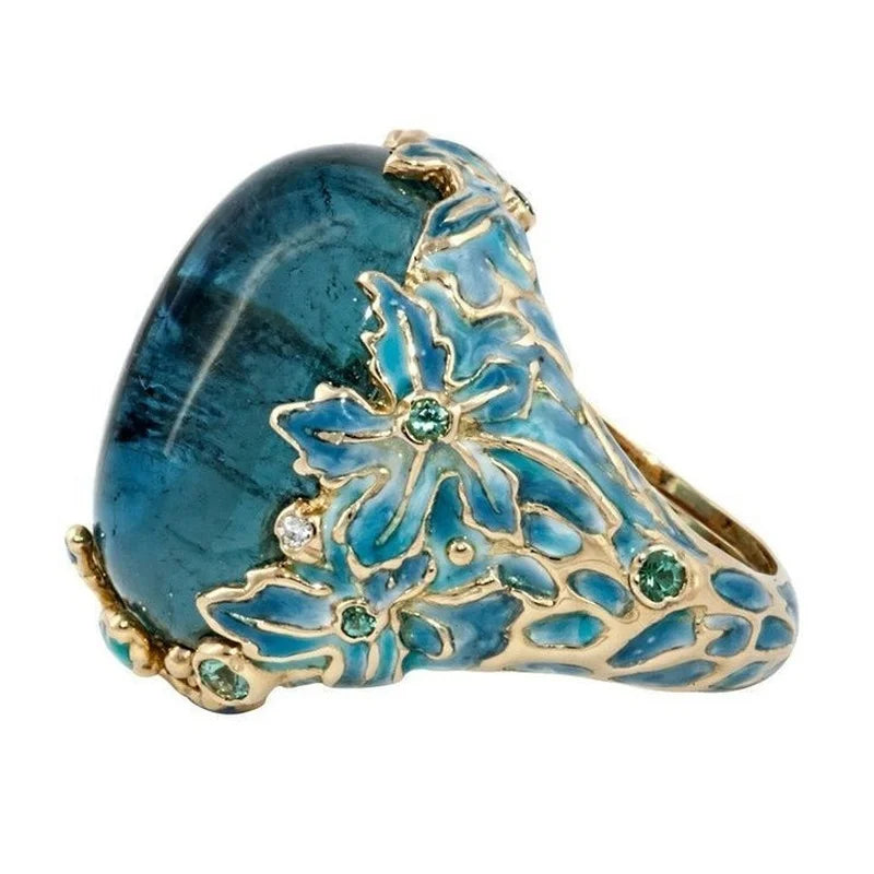 Aveuri-Christmas gifts idea Winter outfits Christmas outfits Elegant Women Fashion Gold Color Carving Enamel Flower Rings for Women Creativity Inlaid Blue Stone Engagement Ring Jewelry