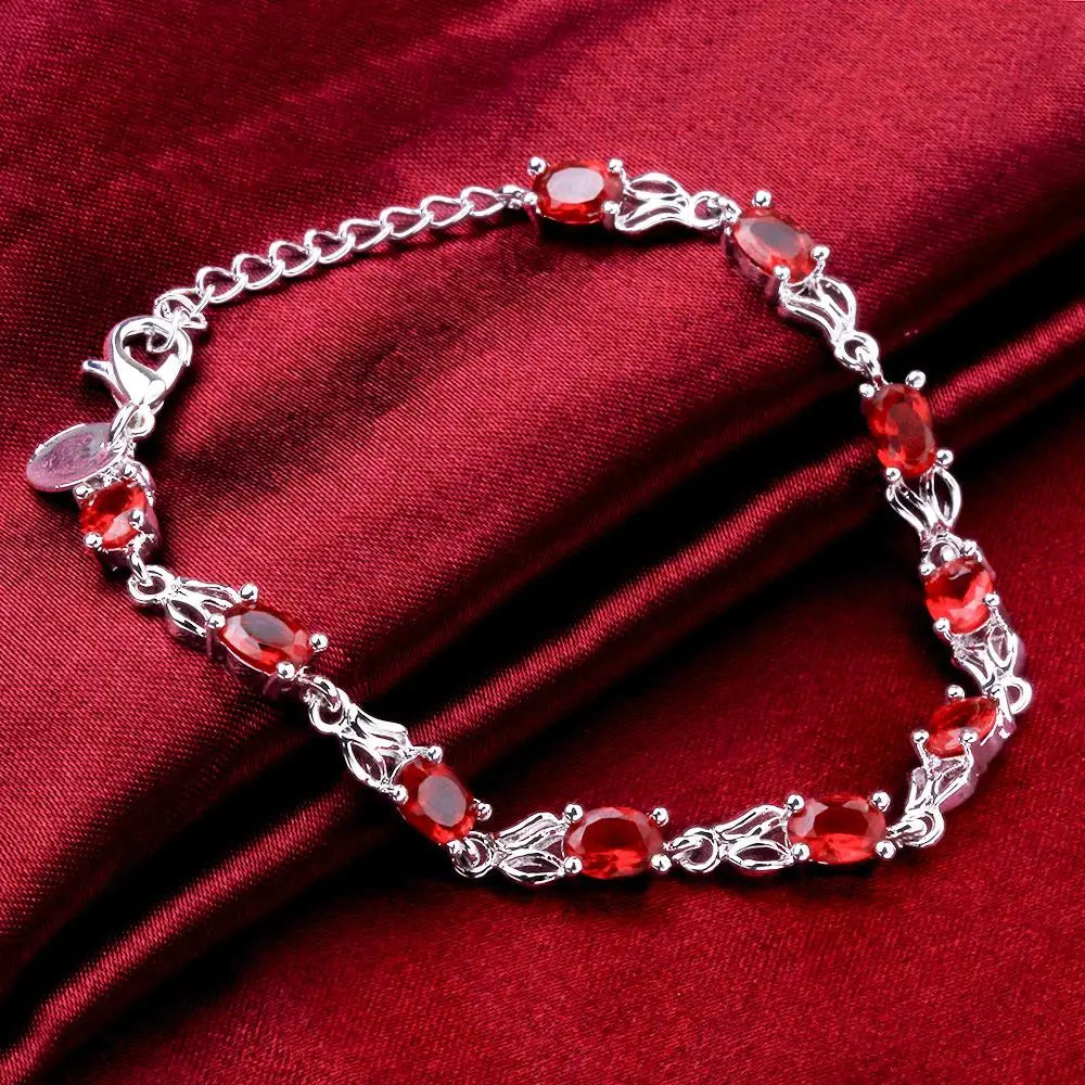 Aveuri 925 Sterling Silver Wild red crystal chain Bracelets for women fashion lady Wedding party beautiful Christmas gifts fine Jewelry