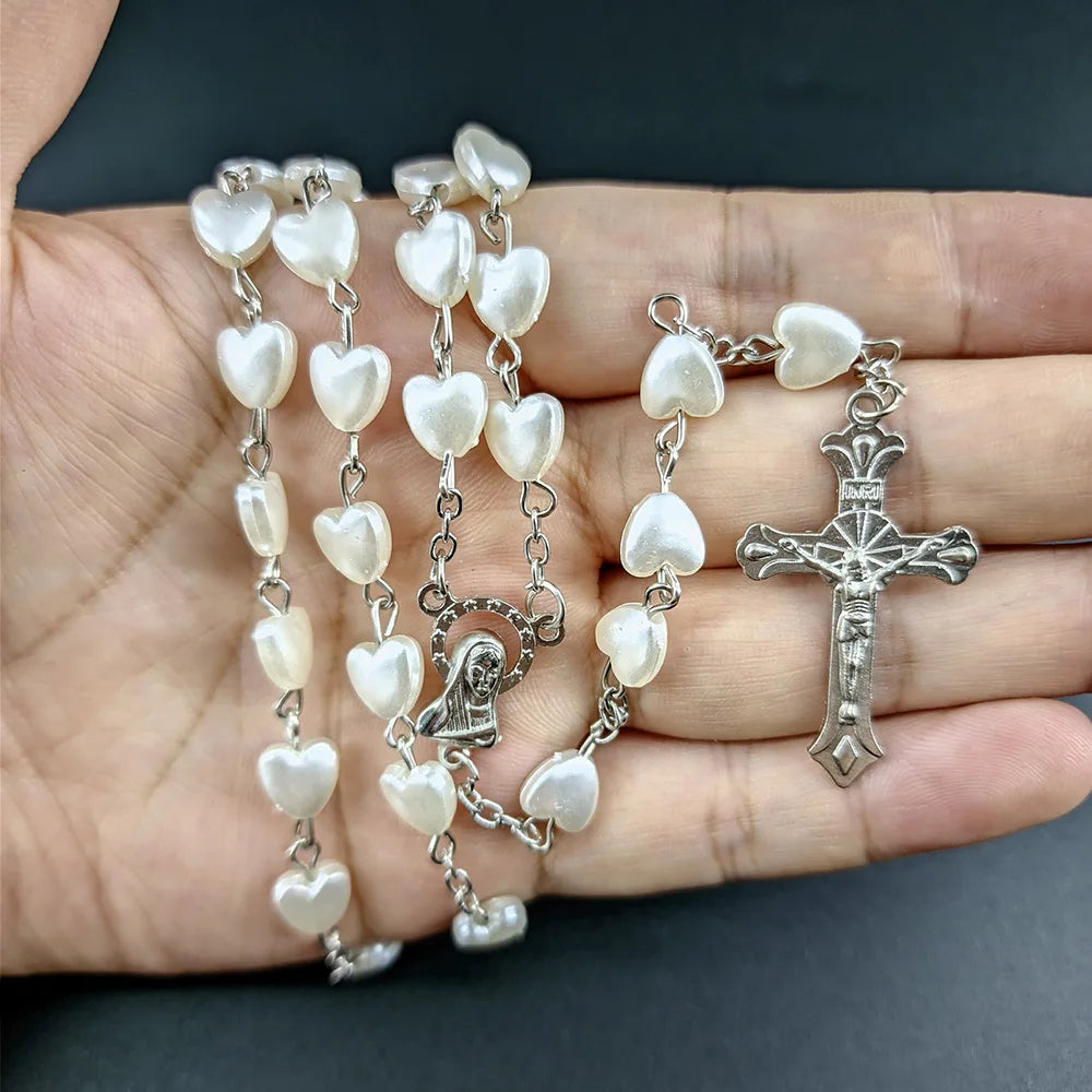 Aveuri-Christmas Gift New Year's Eve Gift White Heart Rosary Necklace For Women Virgin Mary Cross INRI Pendant Long Chain Men Religion Prayer Party Jewelry Accessories