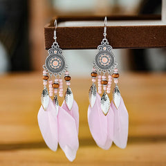 Aveuri-Christmas Gift New Year's Eve Gift Bohemian Ethnic Feather Drop Earrings For Women Elegant Wood Beads Leaf Long Tassels Dangle Earring Girls Fashion Party Jewelry