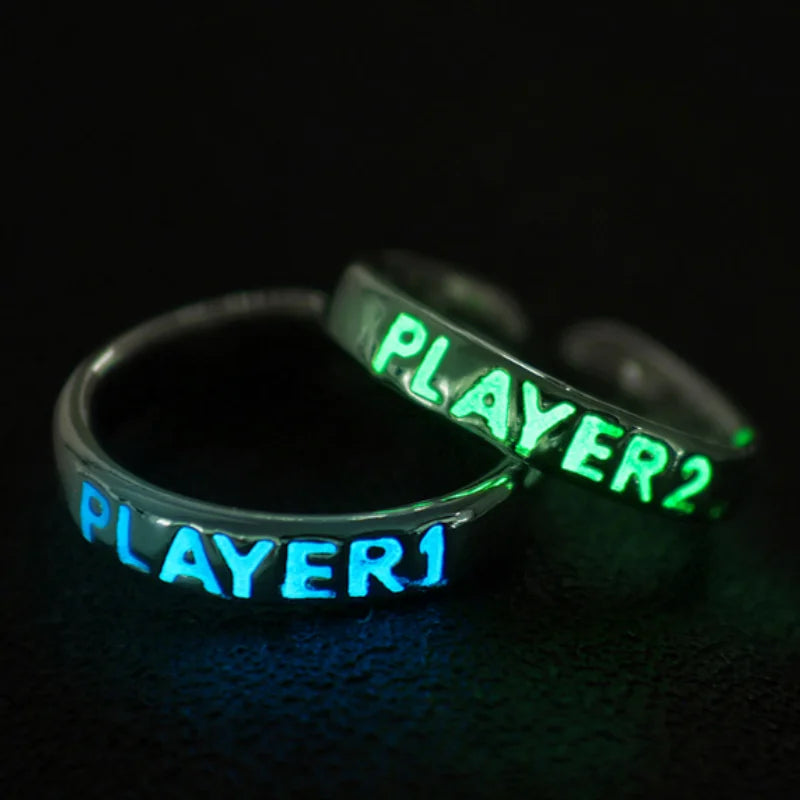 Aveuri Luminous Ring for Couple Creative Glowing in the Dark Player 1 Player 2 Matching Gaming Ring for Women Men Valentine's Day Gift