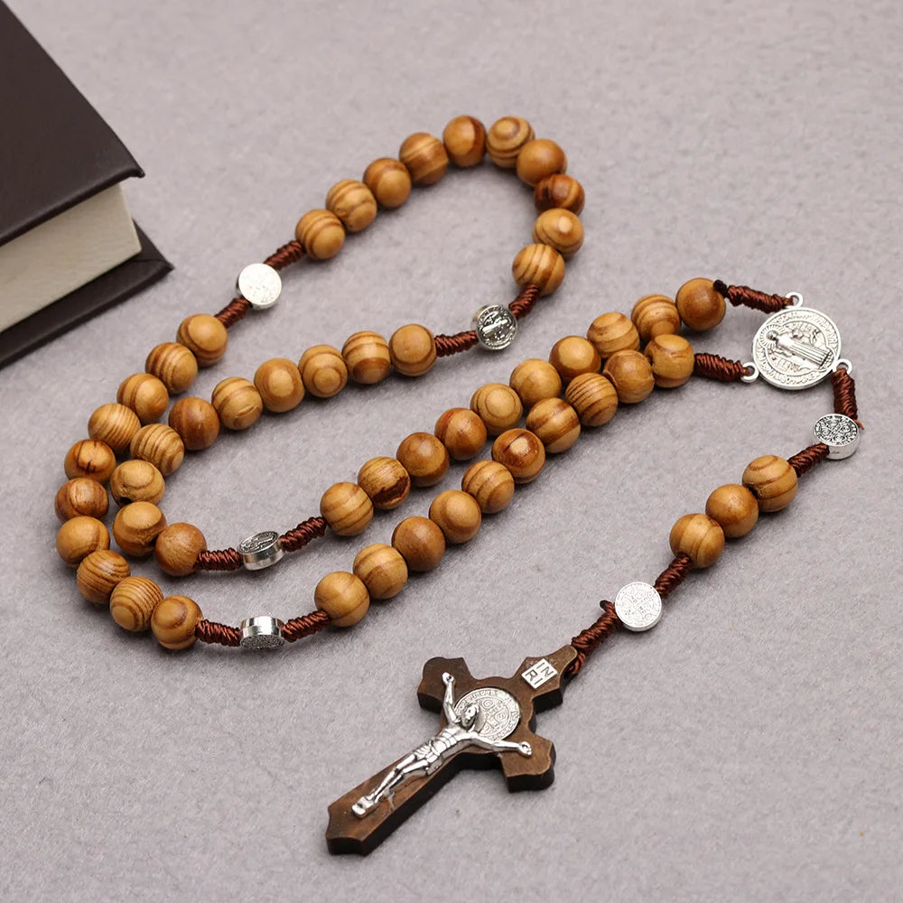 Aveuri-Christmas Gift New Year's Eve Gift Catholic Wood Beaded Rosary Necklaces For Women Christian INRI Crucifix Cross Pendant Long Chain Men Religion Prayer Jewelry