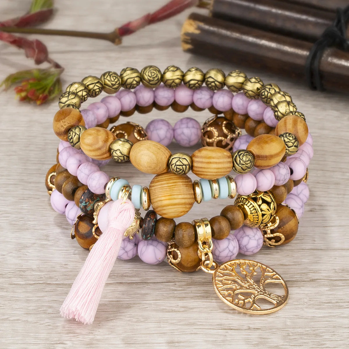 Aveuri-Christmas Gift New Year's Eve Gift 4Pcs/Set Boho Wooden Beaded Bracelet Set For Women Tree Of Life White Tassels Charm Elastic Chain Bangle Lady Bohemia Jewelry