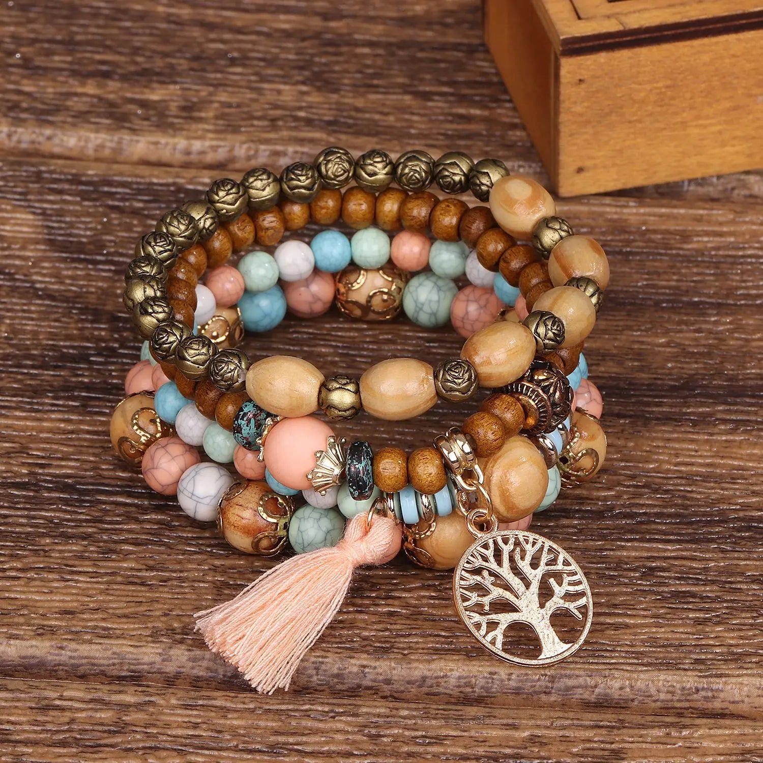 Aveuri-Christmas Gift New Year's Eve Gift 4Pcs/Set Boho Wooden Beaded Bracelet Set For Women Tree Of Life White Tassels Charm Elastic Chain Bangle Lady Bohemia Jewelry