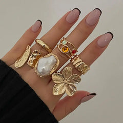 Fashion Gold Color Flower Crystal Imitation Pearl Open Ring for Women Engagement Party Gift Temperament Jewelry 2024 ﻿