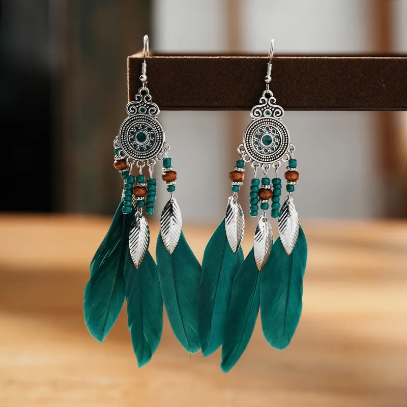 Aveuri-Christmas Gift New Year's Eve Gift Bohemian Ethnic Feather Drop Earrings For Women Elegant Wood Beads Leaf Long Tassels Dangle Earring Girls Fashion Party Jewelry