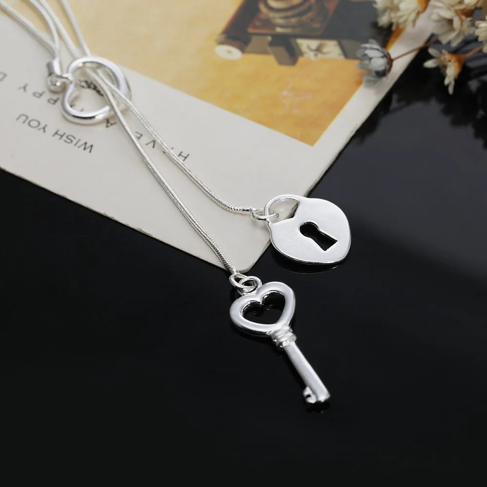 Aveuri fine 925 Sterling Silver  romantic Heart lock key Necklace For Women fashion luxury Wedding party Jewelry Christmas gifts