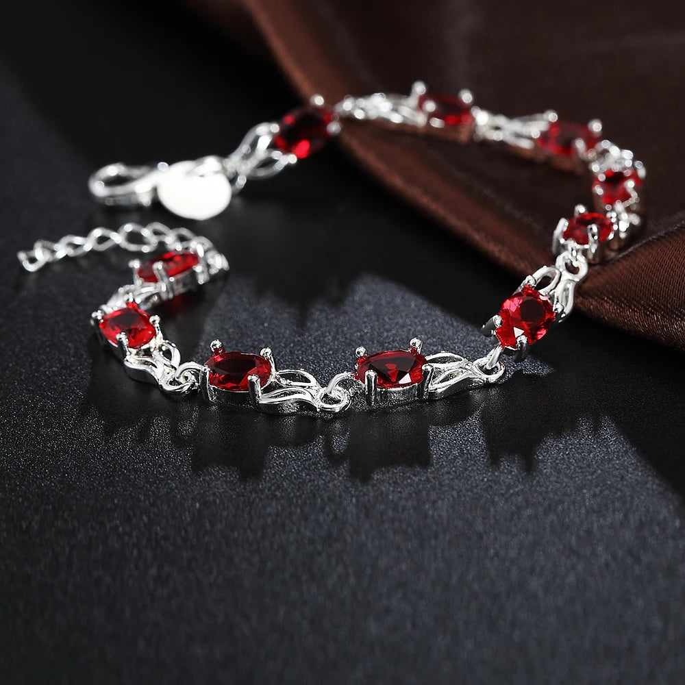 Aveuri 925 Sterling Silver Wild red crystal chain Bracelets for women fashion lady Wedding party beautiful Christmas gifts fine Jewelry