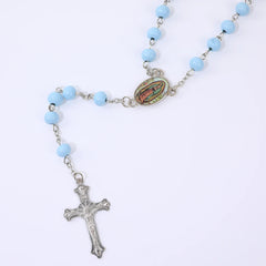 Aveuri-Christmas Gift New Year's Eve Gift Blue Rosary Necklace For Women Men 6MM Wooden Prayer Beads Long Chain Religious Virgin Mary Cross Pendant Men Party Jewelry Gift