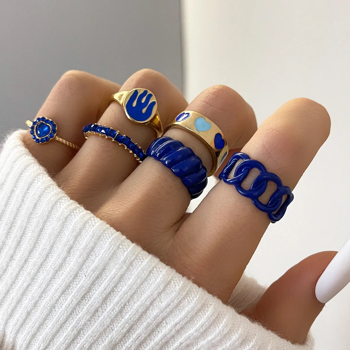 Aveuri-Christmas Gift New Year's Eve Gift Bohemia Geometric Colorful Enamel Kunckle Ring Set For Women Butterfly Heart Sign Finger Ring Female Daily Jewelry