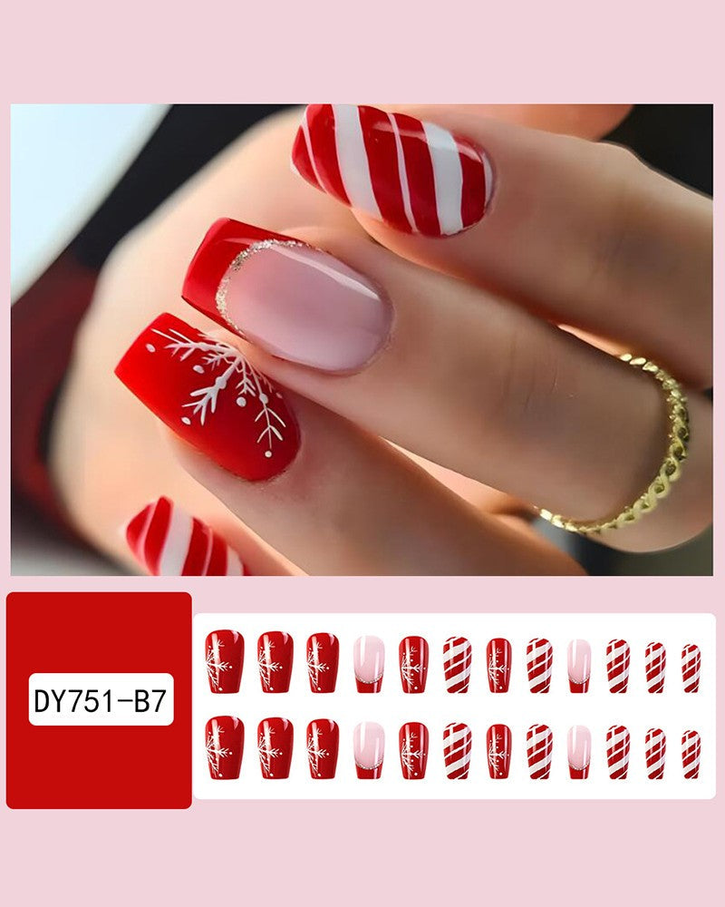 Aveuri-Black Friday Cyber ??Monday Christmas gifts24pcs Christmas Striped Snowflake Design Glossy Press on Coffin False Nails Set