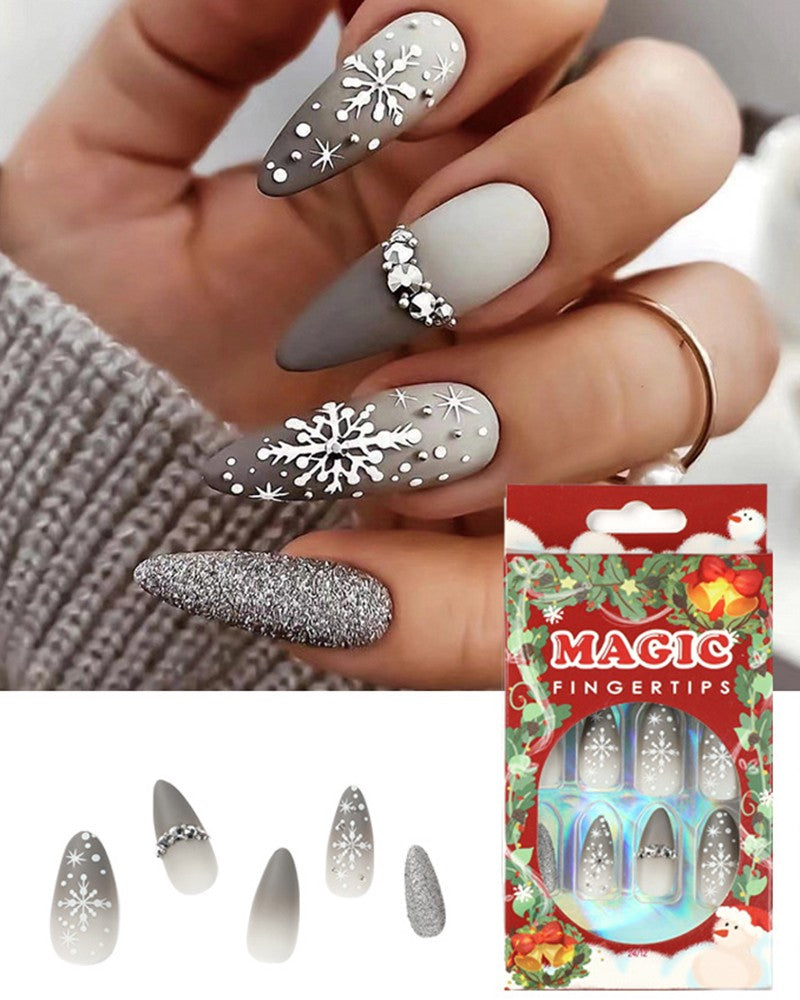 Aveuri-Black Friday Cyber ??Monday Christmas gifts24pcs Ombre Snowflake Design Glitter Rhinestone Matte Press on Stiletto Almond False Nails Set