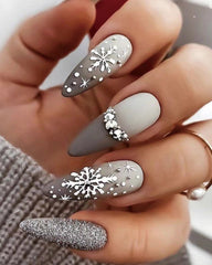 Aveuri-Black Friday Cyber ??Monday Christmas gifts24pcs Ombre Snowflake Design Glitter Rhinestone Matte Press on Stiletto Almond False Nails Set