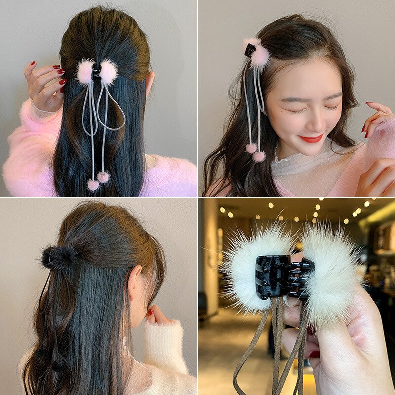 Aveuri 2022 Autumn And Winter New Tassel Hairball Hairpin Bowknot Plush Hairpin Disc Hair Grab Girl Wild Hair Accessories Bangs Clip