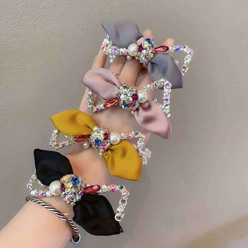 Aveuri New Hair Accessories Candy-Colored Bow Tie Hair Ring Imitation bead transparent stone Plate Hair Rubber Band Headdress