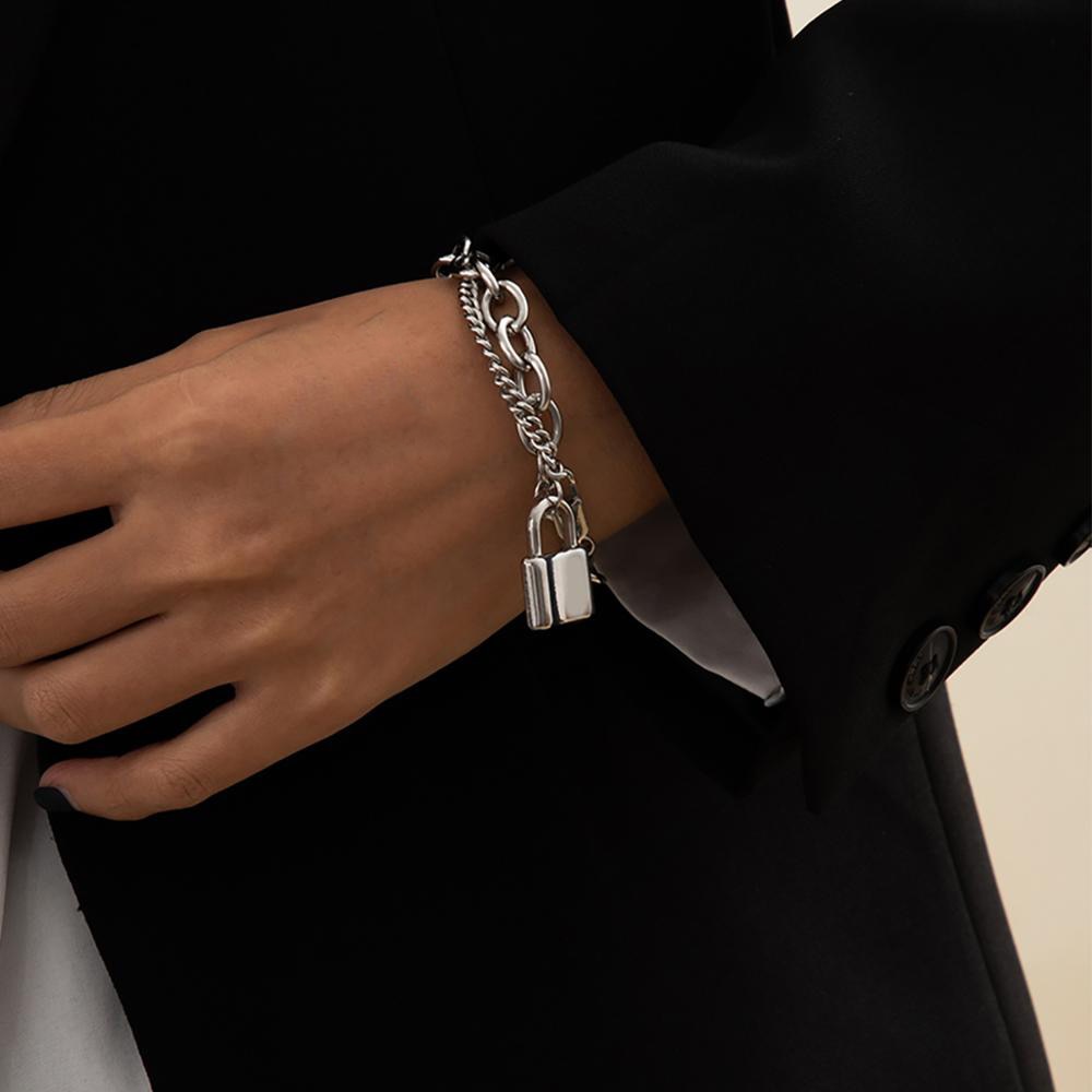 Aveuri Kpop Stainless Steel Lock Pendant Bracelet on Hand Punk Chain Women Men Bracelets Charm Couple Bracelet Jewelry Gift