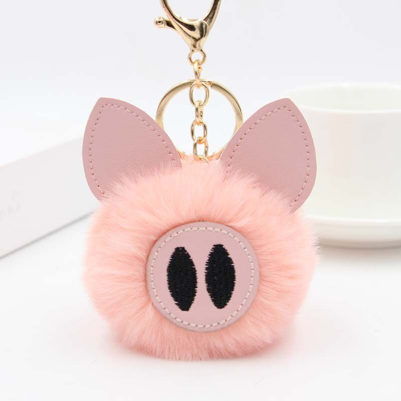 Aveuri Cute Women's Piggy Fur Ball Keychain Cartoon Pig Fur Pom Pom Keychain Bag Purse Car Key Holder Fluffy Keyring Pendant Llaveros