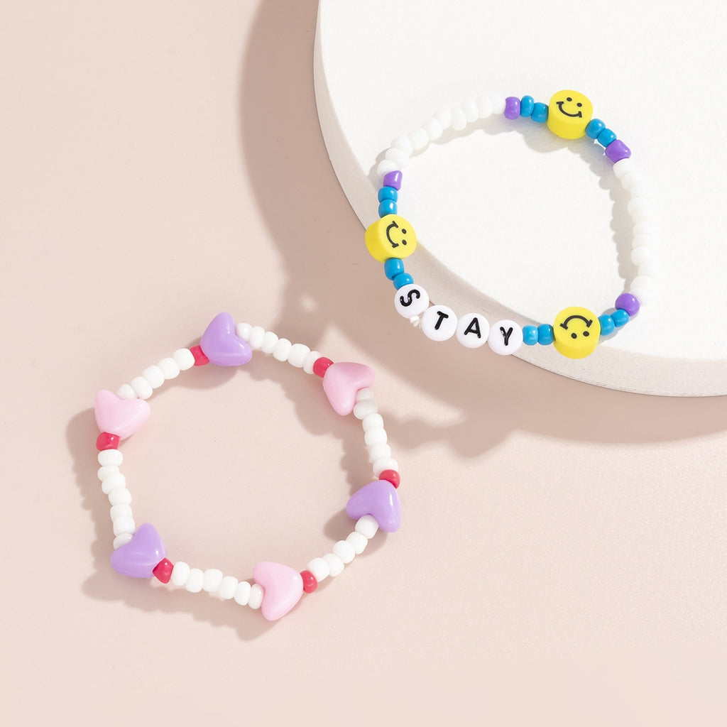 Aveuri Trendy Kpop Candy Color Acrylic Heart Charm Cute Bracelet Sets for Women Girls Bead Chain Smily Bangle Bracelet On Hand Jewelry