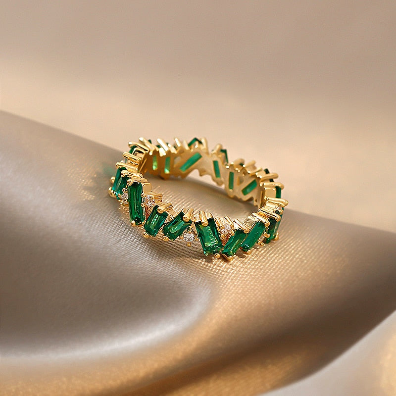 Christmas Gift Luxury Green Crystal Irregular Gold Rings For Woman 2023 Neo Gothic Jewelry High Level Set Accessories For Korean Fashion Girls