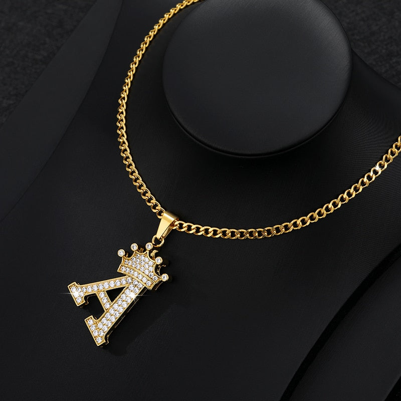 Aveuri Crown Big Letter Necklace For Women Men Initial Alphabet Charm Chain Choker Pendant 60CM Necklace Jewelry Gift Collier