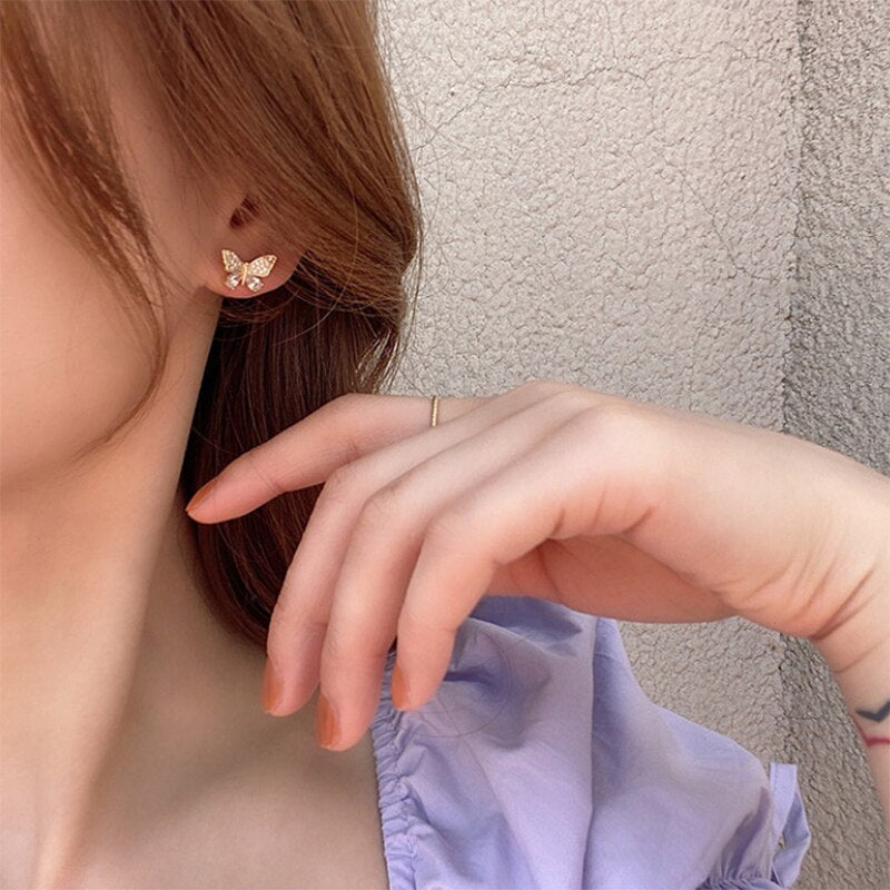 Aveuri Korean Elegant Cute Rhinestone Butterfly Stud Earrings For Women Girls Fashion Metal Chain Boucle D'oreille Jewelry Gifts