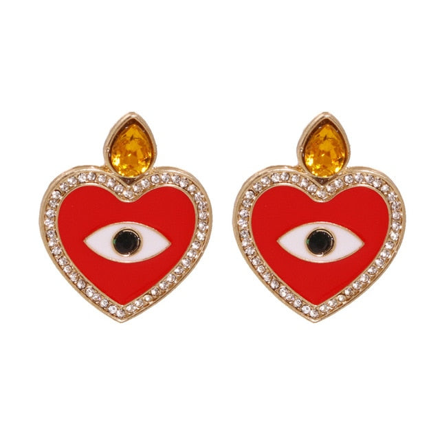 AVEURI Trendy Ethnic Love Heart Shape Evil Eye Drop Earrings For Women Vintage Statement Crystal Dangle Earring Jewelry Gift