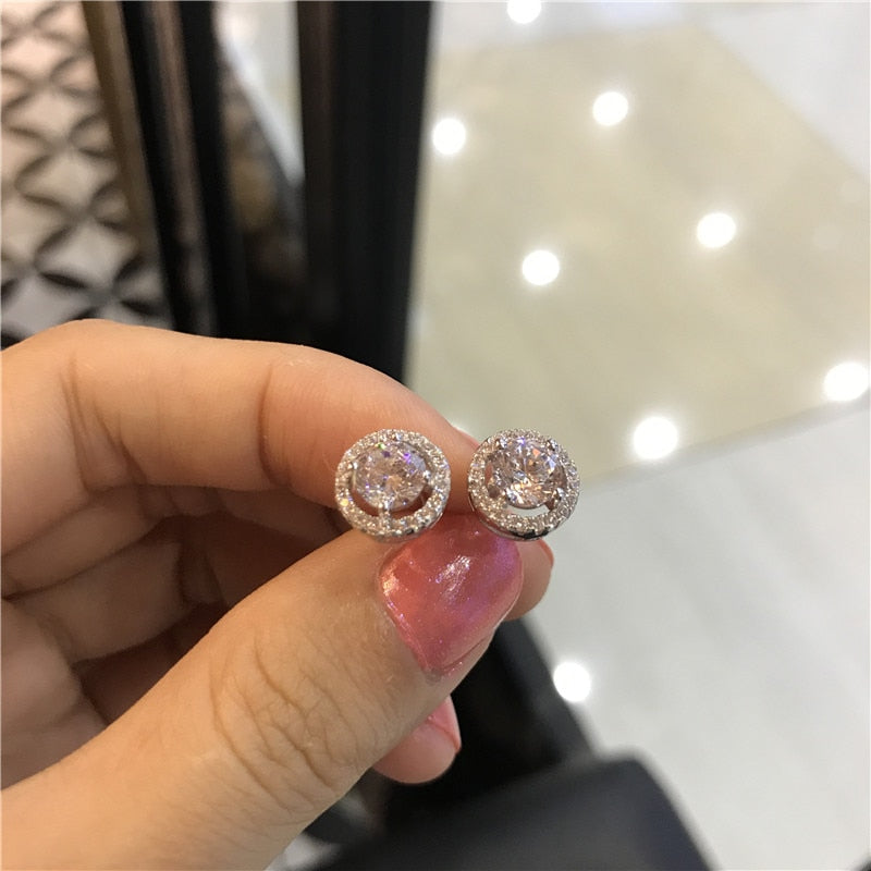 Christmas Gift Stud Earrings For Women Solid Cubic Zirconia Round Brincos Bridal Wedding Fine Jewelry Simple Accessories CCE032