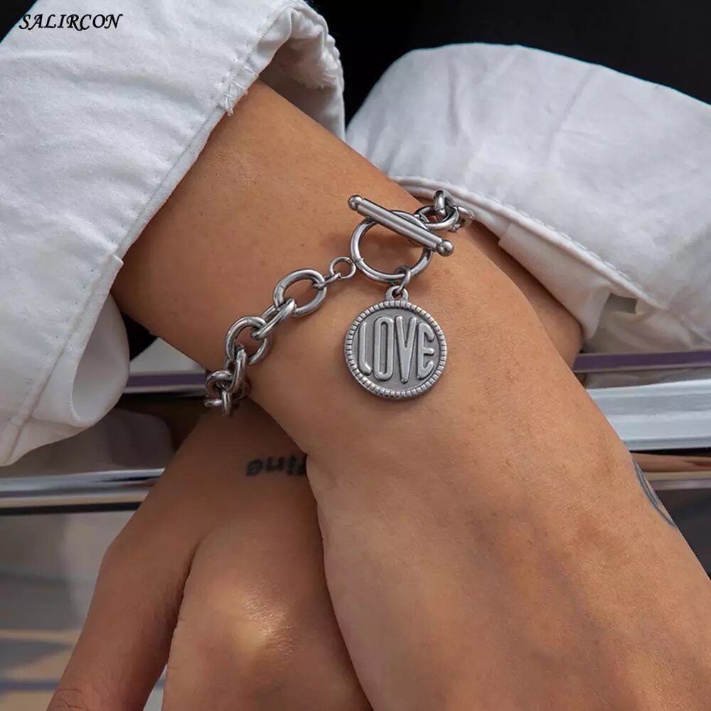 Aveuri Kpop Stainless Steel Lock Pendant Bracelet on Hand Punk Chain Women Men Bracelets Charm Couple Bracelet Jewelry Gift