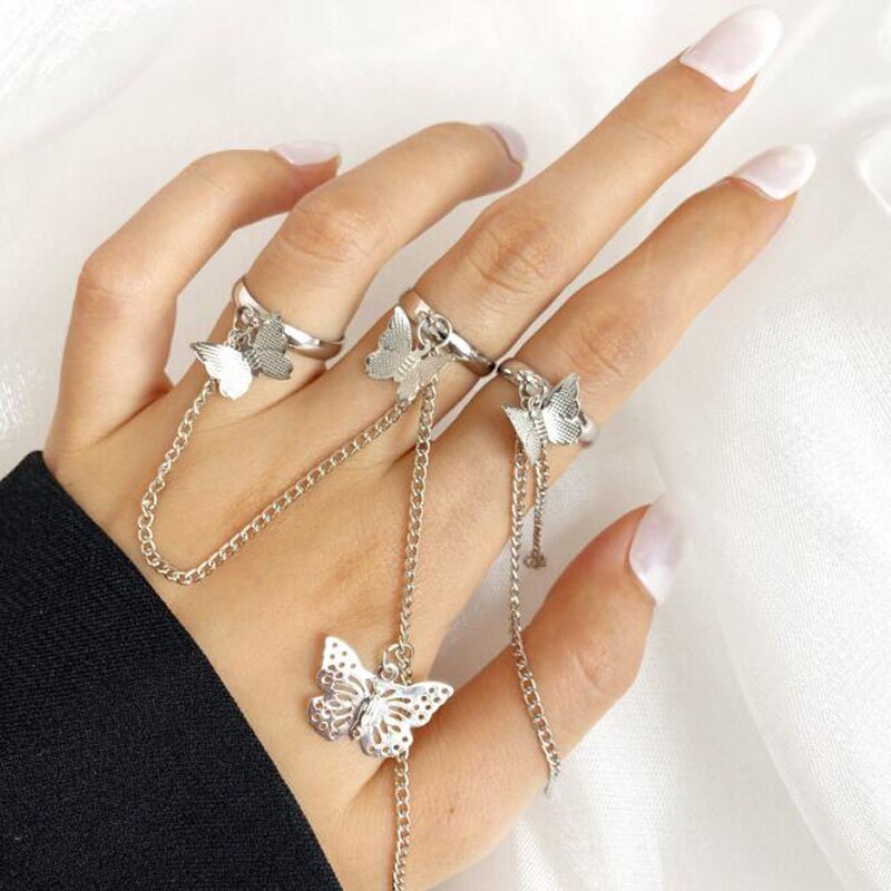 Butterfly Chain Rings Punk Multi-layer Finger Rings Hip Hop Rotate Rings for Women Party Gift AM3387