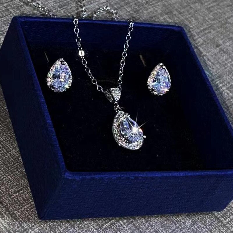 Christmas Gift  Jewelry Sets For Women Silver Cubic Zirconia Water Drop Stud Earrings Necklaces Pendants Fine Jewelry Simple Accessories