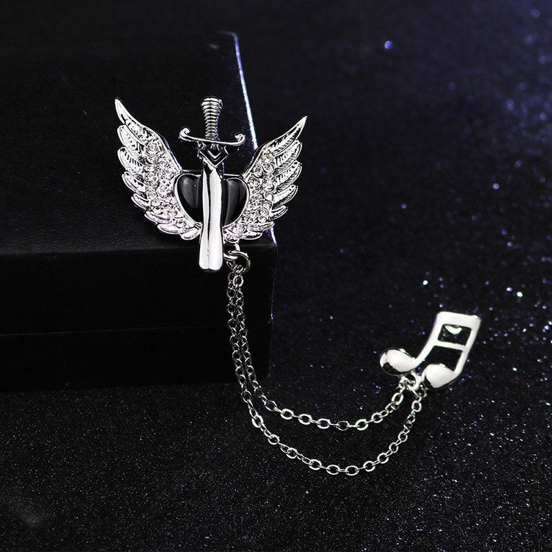 HUISHI Rhinestone Brooch Korean Luxury Rhinestone Music Note Brooch Guitar Tassel Chain Lapel Pins Men's Suit Buckle Pin For Men