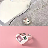 Aveuri Alloy Necklace Ring Jewelry Set for Women Trendy Elegant Sweet Sparkling LOVE Heart Zircon Party Jewelry
