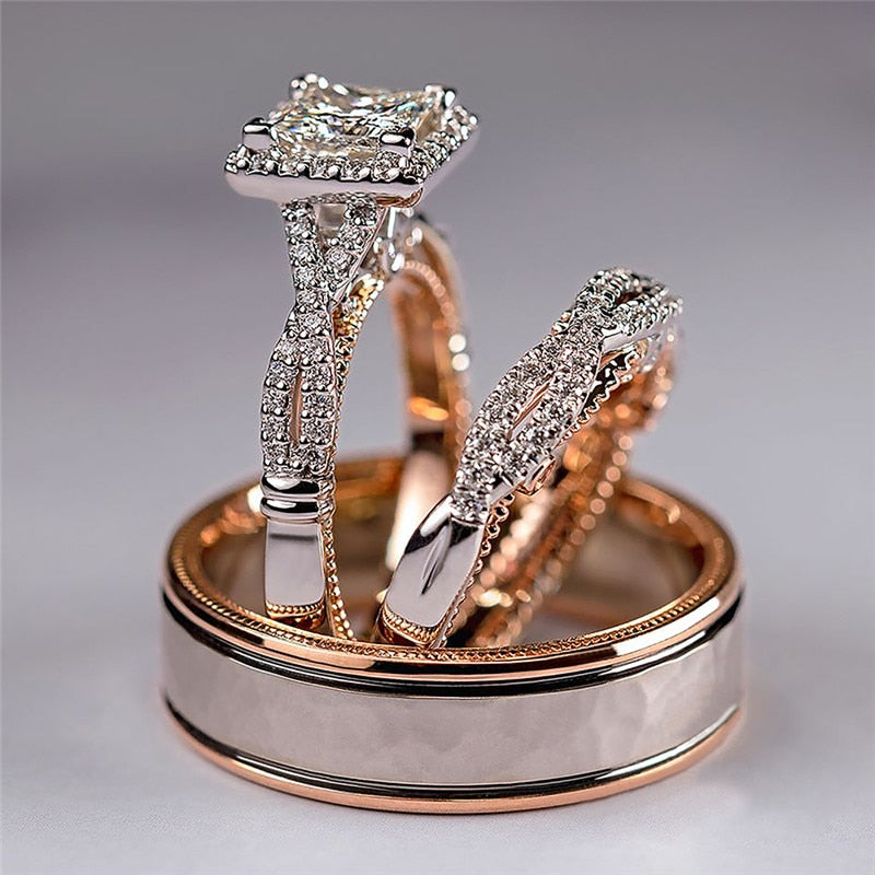 Aveuri Luxury Couple Wedding Rings Fashion Two Tone Design 2Pcs Set Rings For Women Simple Band Men Finger Jewelry