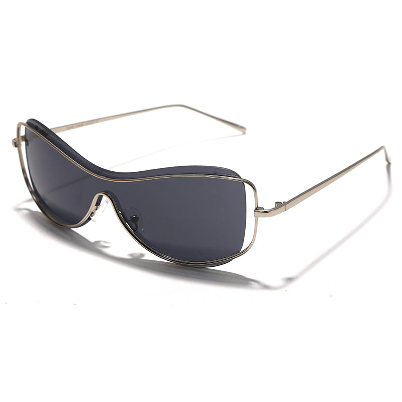 Aveuri Fashion Goggle Punk Sunglasses Women 2022 Mirror Men Shades Rimless Glasses Luxury Metal Frames One Piece Unique Female Eyewear