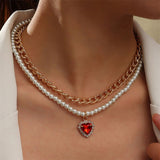 Aveuri 2023 Baroque Imitation Pearl Crystal Heart Choker Necklace For Women Rhinestone Heart Pendant Necklaces Gold Tick Chain Jewelry New