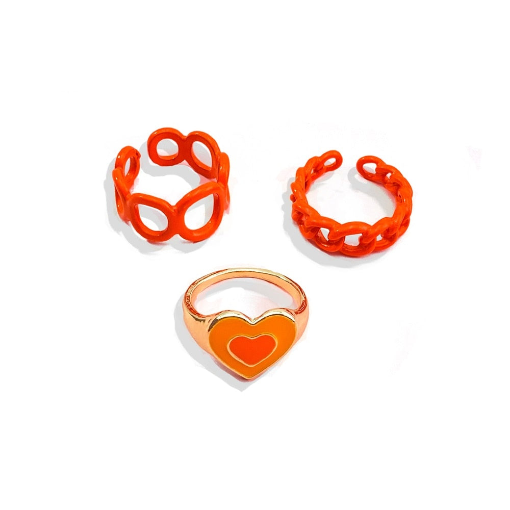 Aveuri Y2K Style Korean Colorful Resin Chain Rings Set for Women Fashion Colorful Multilayered Heart Ring Wholesale Jewelry