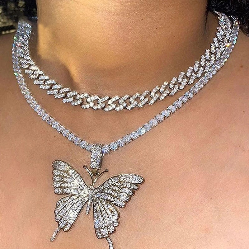 LATS Punk Cuban Double Layer Big Butterfly Pendant Necklace Full Rhinestone Gold Color Choker Thick Chain Necklace Women Jewelry