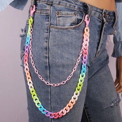 Aveuri 2022 Vintage Punk Candy Color Acrylic Double Layer Waist Pants Chain Keychain For Girls Female Party Vintage Geometric Hiphop Jewelry