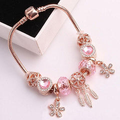 Aveuri High Quality Rose Gold Crystal Charm Bracelets For Women With Pink Leaves Bracelets & Bangles Fashion Jewelry Gift Dropshipping