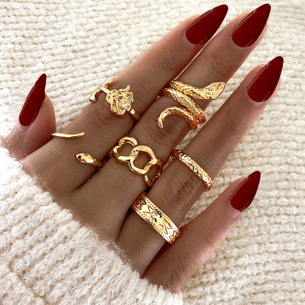 LATS Bohemian Gold Chain Rings Set For Women Fashion Boho Coin Snake Moon Star Rings Party 2023 Female Trend Jewelry Gifts