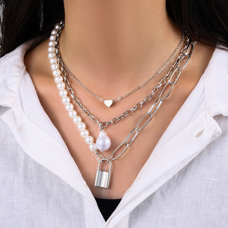 Fashion Geometric Chain Pendant Necklace for Women Girls Vintage Pearl Choker Necklaces Jewelry Statement Accessories Collier